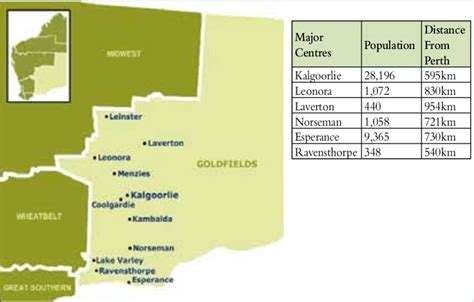 Map of Goldfields region, Western Australia and major centres ...