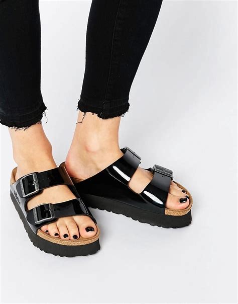 Birkenstock Arizona Platform Patent Black Slider Flat Sandals at asos ...