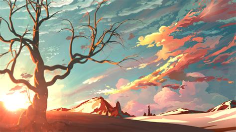 Red Sky Mountains Trees Digital Art Painting 4k, HD Artist, 4k ...