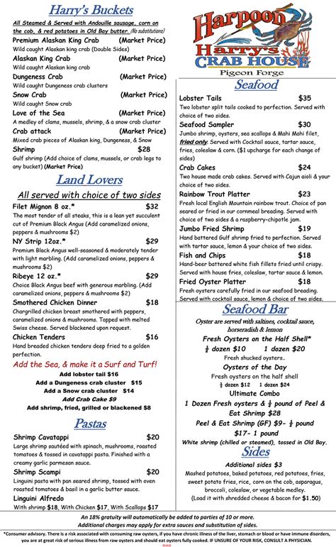 Dinner Menu – Harpoon Harry’s Crab House in Pigeon Forge, TN