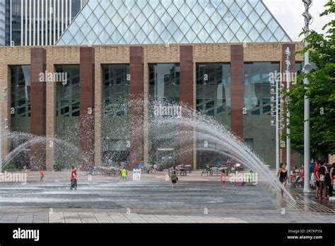 Edmonton, AB, Canada-July 2022; Close up of water spouts of Edmonton ...