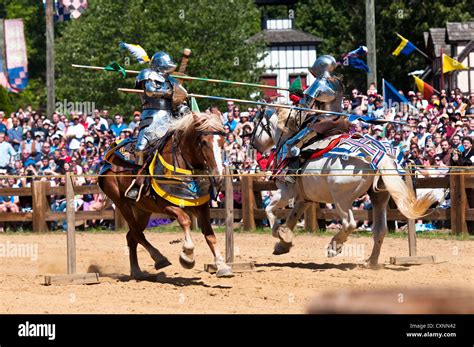 Jousting knights on horseback in the Maryland Renaissance Festival ...