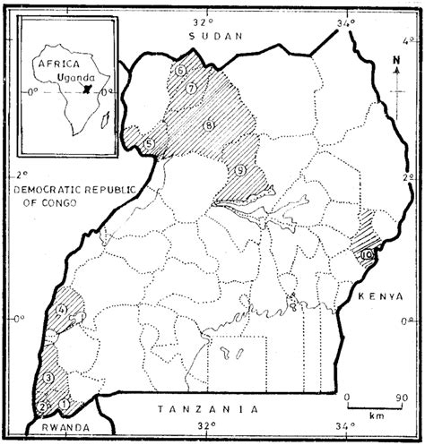 Map of Uganda, showing the study districts of Kabale (1), Kisoro (2),... | Download Scientific ...