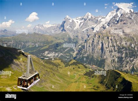 Horizontal wide angle of the Schilthorn cable car with spectacular ...