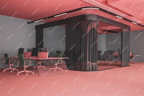 Premium Photo | Corner of open space office with gray walls, pink floor and ceiling, pink and ...