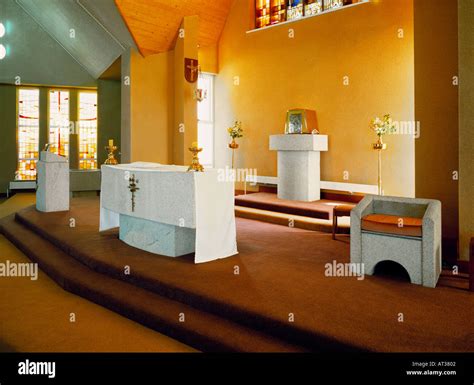 The altar of a modern Catholic church in a country parish in Ireland ...