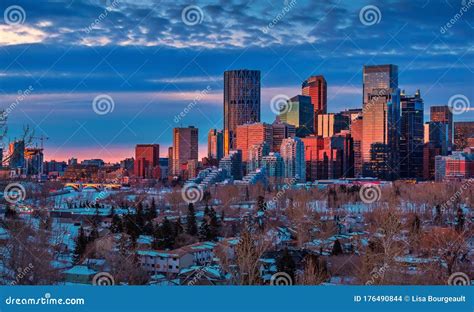 Sunrise Sky Glowing Over Downtown Calgary Editorial Stock Image - Image ...