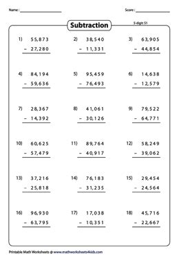 5-Digit Subtraction Worksheets