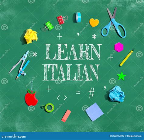 Learn Italian Theme with School Supplies on a Chalkboard Stock Photo - Image of communication ...