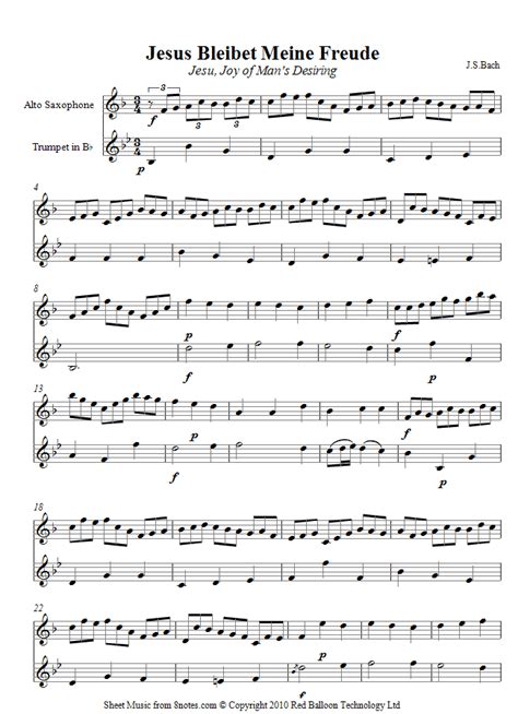 Bach - Jesu Joy of Mans Desiring sheet music for Trumpet-Saxophone Duet - 8notes.com