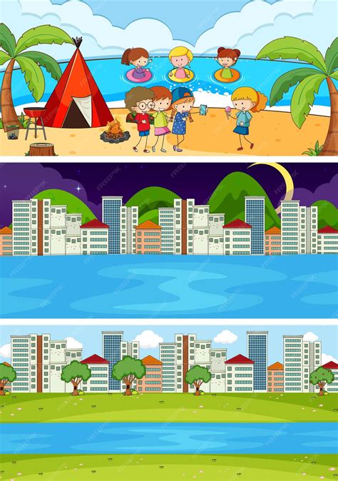 Free Vector | Set of different horizon scenes with doodle kids cartoon character