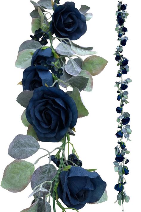 Navy Blue Flower Garland with Silver Sage Leaves Rose | Etsy