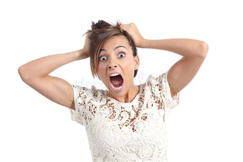 Front View Of A Scared Woman Screaming With Hands On Head Stock Photo - Image: 44632404