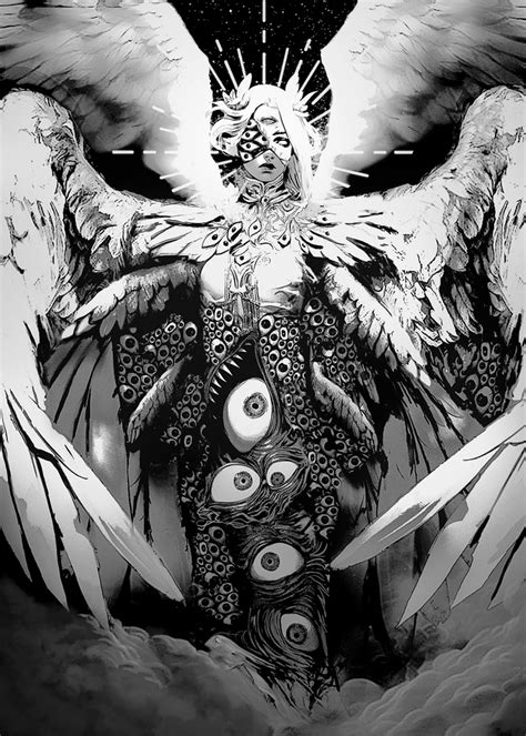 Creepy manga biblical angel Scary Eyes Horror Halloween, an art print ...