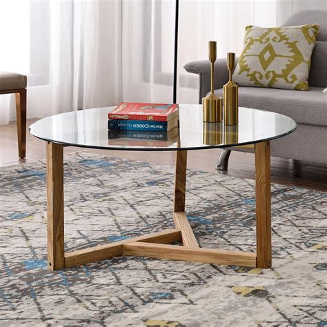 Harper & Bright Designs 36 in. Oak Medium Round Glass Coffee Table ...