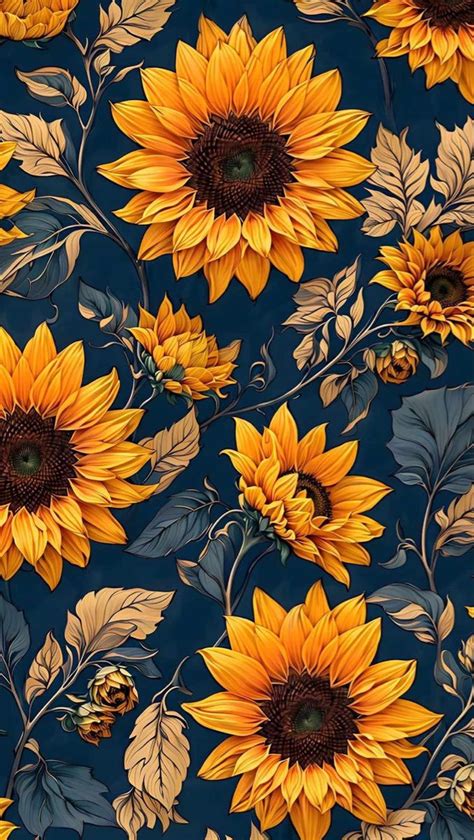 a blue background with yellow sunflowers and leaves