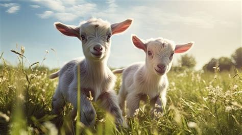 Premium AI Image | Two baby goats playing in the green field