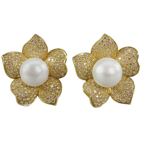 Pearl Diamond Gold Flower Earrings at 1stdibs