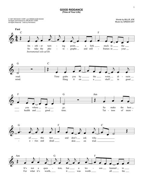 Good Riddance (Time Of Your Life) by Green Day Sheet Music for Easy Lead Sheet / Fake Book at ...