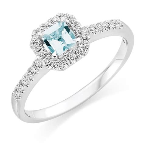 Beaverbrooks 18ct White Gold Diamond Aquamarine Halo Ring | White gold ...