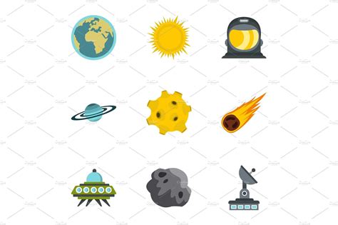 Space elements icons set, flat style | Vector Graphics ~ Creative Market