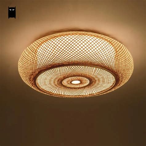 Hand woven Bamboo Wicker Rattan Round Lantern Shade Ceiling Light Fixture Rustic Asian Japanese ...