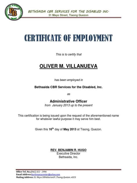 Template Of Certificate Of Employment (8) - TEMPLATES EXAMPLE ...