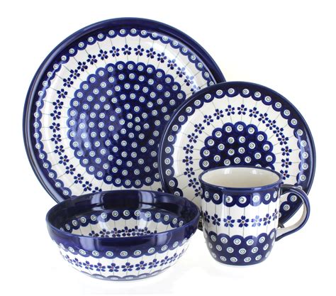 Blue Rose Polish Pottery Flowering Peacock 16 Piece Dinner Set ...