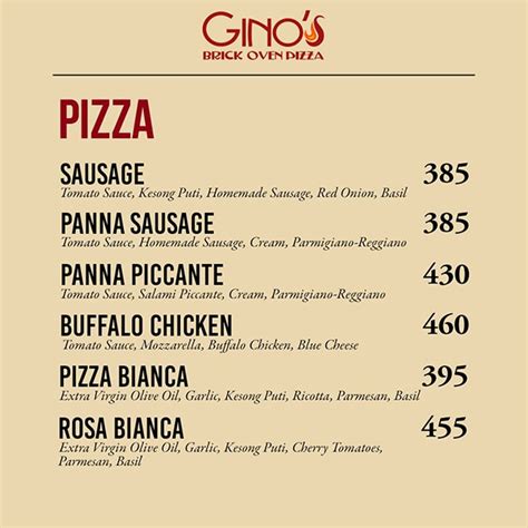 Menu at Gino's Brick Oven Pizza pizzeria, Makati, Salcedo Village