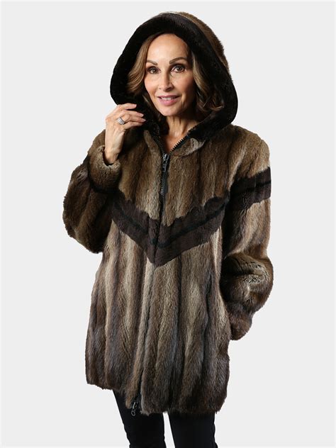 Natural Muskrat Fur Parka with Sheared Muskrat Design - Estate Furs