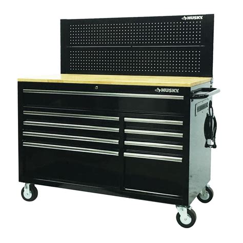 Husky 52 in. W 9-Drawer, Deep Tool Chest Mobile Workbench in Gloss Black with Pegboard ...