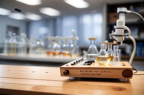 Premium AI Image | A wooden board in front of a defocused science laboratory scientific equipment