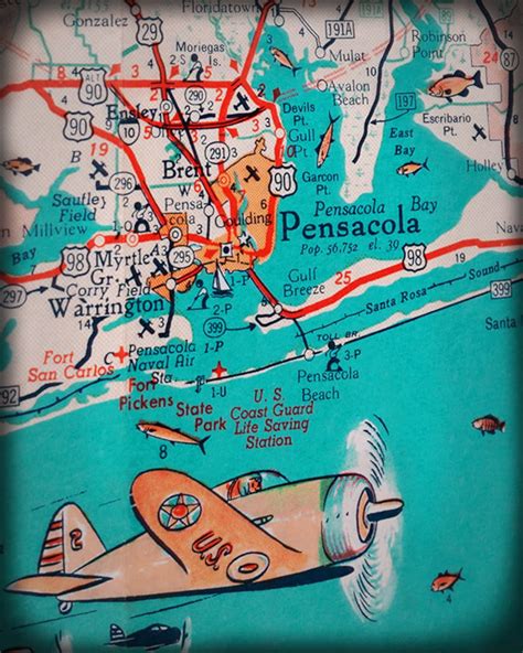 Florida Panhandle Pensacola Beach Retro Map Print Funky Vintage ...