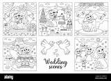 Vector Black And White Wedding Scenes Set Cute Line Just Married  sketch template