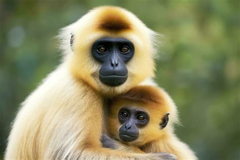 Close image of Cheeked Gibbon monkey mother with a child in the forest ...