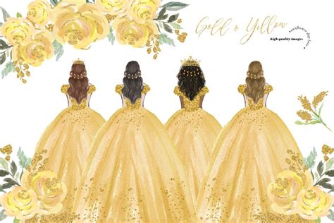 Gold & Yellow Princess Dresses Quinceañera Clipart