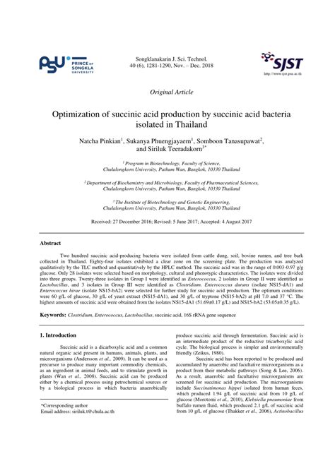 (PDF) Optimization of succinic acid production by succinic acid bacteria isolated in Thailand