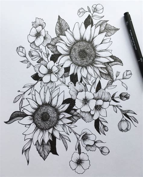 Pen and Ink Flowers A5 Art Print | Tattoos, Sleeve tattoos, Sunflower tattoos