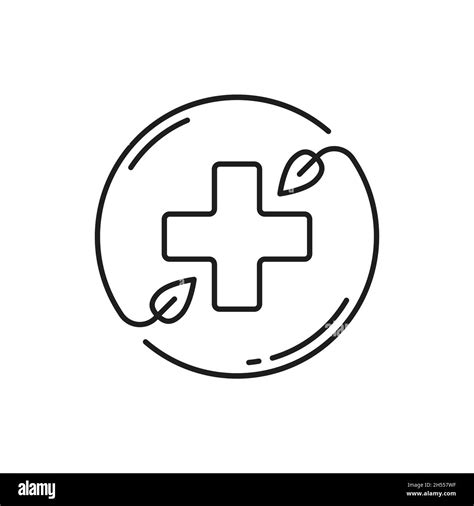 Medical cross in circle of herbal plants isolated outline icon. Vector beauty and spa salon ...