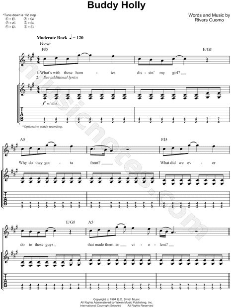 Weezer "Buddy Holly" Guitar Tab in F# Minor - Download & Print - SKU: MN0113870