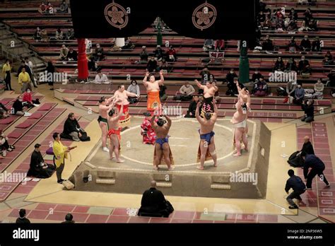 Sumo Ring entering ceremony, Dohyo-iri, od Juryo is held during the New ...