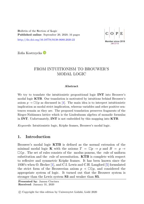 (PDF) From Intuitionism to Brouwer's Modal Logic