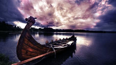 nature, Water, Boat, River, Vikings, Wood, Dragon, Trees, Clouds, Forest, Filter, Sunlight ...