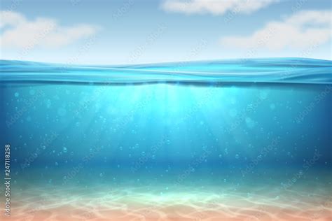 Realistic underwater background. Ocean deep water, sea under water level, sun rays blue wave ...