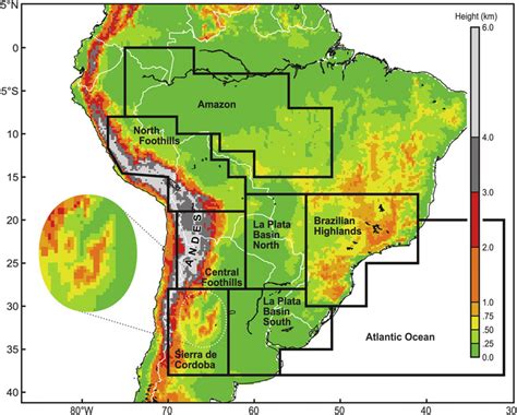 Topographical map of South America showing the Andes mountain range and ...