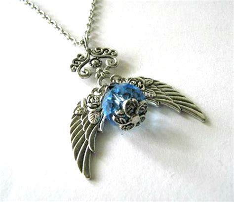 Antiqued Silver Wings Necklace Light Blue Crystal Jewelry on Luulla