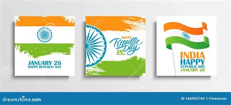 India Republic Day, January 26 Greeting Cards Set With Hand Lettering, Brush Strokes And Waving ...