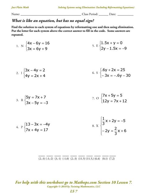 System Of Equations Elimination Worksheets