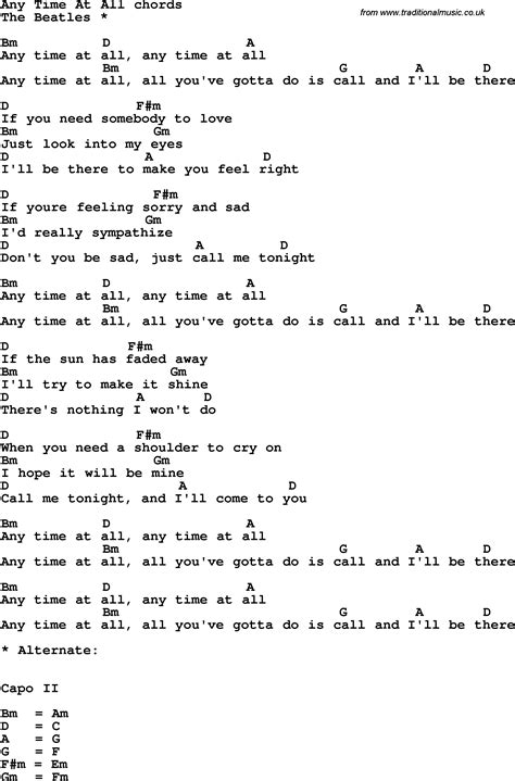 Song lyrics with guitar chords for Any Time At All - The Beatles2