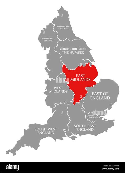 East Midlands red highlighted in map of England UK Stock Photo - Alamy